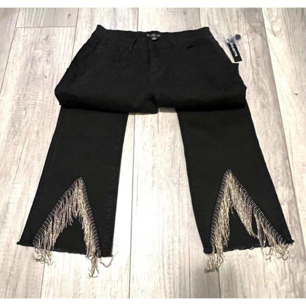 NWT Juliette, Black Women's Denim Jeans With Chain Fringe Detail, Size 8